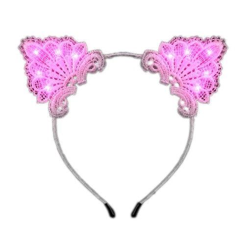 Pink LED Lace Cat Animal Ears Headband (1 Quantity Per Pack) - Glow-Paradise