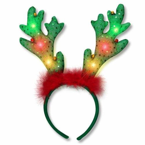 LED Jingle Bells Reindeer Antlers Light Up Headband (1 Quantity Per Pack) - Glow-Paradise