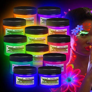 Glominex Glow Body Paint 1oz Jars - 12 Colors (Assorted Colors, 12 Jars Per Pack) - Glow-Paradise
