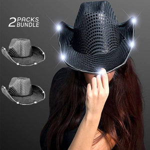 LED Flashing Cowboy Hat With Sequins (Black Color, 2 Quantity Per Pack) - Glow-Paradise