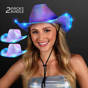 Neon Sparkly Iridescent Space Glitter Cowboy Hat (Purple Blue Color, 2 Quantity Per Pack) - Glow-Paradise