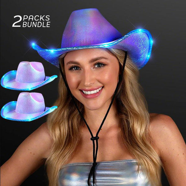 Neon Sparkly Iridescent Space Glitter Cowboy Hat (Purple Blue Color, 2 Quantity Per Pack) - Glow-Paradise