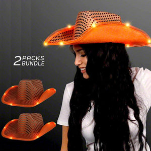 LED Flashing Cowboy Hat With Sequins (Orange Color, 2 Quantity Per Pack) - Glow-Paradise