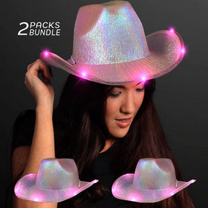 Neon Sparkly Iridescent Space Glitter Cowboy Hat (Pink Color, 2 Quantity Per Pack) - Glow-Paradise