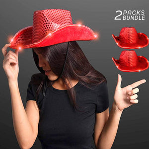 LED Flashing Cowboy Hat With Sequins (Red Color, 2 Quantity Per Pack) - Glow-Paradise