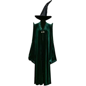 Professor Mcgonagall Costume Adult Women’s Green Velvet Cloak Cape Robe Black Witch Hat Halloween Party Accessory - Glow-Paradise