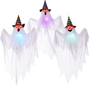 29.5'' Halloween Ghosts Decorations with Witch Hats (3 Pcs) , Light-up Hanging Ghost Decorations with Spooky Red Eyes for Halloween Yard Lawn Patio Decorations Party Décor and Trick-or-Treat Party - Glow-Paradise