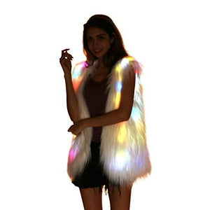 Women Faux Fur Outwear Winter Light Up Burning Glow Fluffy Sparking Rainbow LED Costume Waistcoat - Glow-Paradise