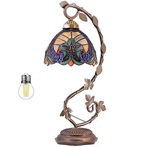 WERFACTORY Tiffany Lamp Yellow Liaison Stained Glass Bedside Table Lamp Desk Reading Light with Thin Metal Leaf Base 8X10X21 Inches Decor Small Space Bedroom Home Office LED Bulb Included S160E Series - Glow-Paradise