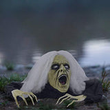 Prextex Halloween Gray Haired Zombie Skull with Posable Skeletal Hands - Best Halloween Decoration Prop for Garden, Lawn, car - Glow-Paradise