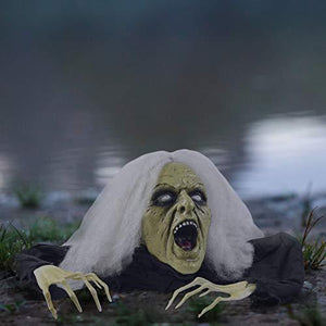 Prextex Halloween Gray Haired Zombie Skull with Posable Skeletal Hands - Best Halloween Decoration Prop for Garden, Lawn, car - Glow-Paradise