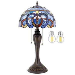 WERFACTORY Tiffany Style Table Lamp Blue Purple Cloud Stained Glass Bedside Antique Luxurious Desk Reading Light 12X12X22 Inches Decor Bedroom Living Room Home Office (LED Bulb Included) S558 Series - Glow-Paradise