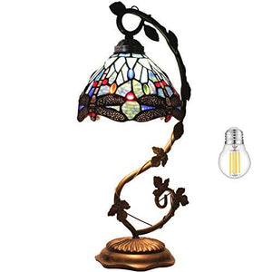 WERFACTORY Tiffany Lamp Stained Glass Table Lamp Blue Dragonfly Thin Bedside Lamp Desk Light with Metal Leaf Base 8X10X21 Inches Decor Small Space Bedroom Home Office LED Bulb Included S004 Series - Glow-Paradise