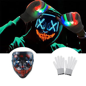 Halloween Scary Mask with LED Gloves Kit, LED Costume Mask EL Wire Light Up Mask for Halloween Costume Festival Cosplay (Blue & Red) - Glow-Paradise