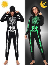 URATOT Women Skeleton Costume Glow in The Dark Halloween Onesie Pajama, Medium Black - Glow-Paradise