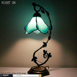 WERFACTORY Tiffany Lamp Blue Stained Glass Bedside Lamp, Thin Metal Leaf Table Desk Reading Light 8X10X21 Inches Decor Small Space Bedroom Home Office LED Bulb Included S70106B Series - Glow-Paradise