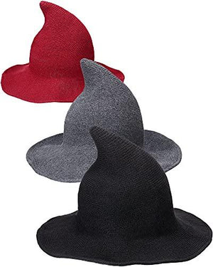 Dsumm 3 Pack Halloween Witch Hat for Women Witch Kinitted-Wool Hats Wide Brim Foldable Pointed Cap forHalloween Party Masquerade Cosplay Costume Accessory and Daily Black,red,grey free size - Glow-Paradise
