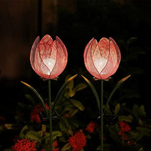Outdoor Solar Garden Lights - 2 Pack Solar Large Metal Tulip Flowers Decorative Lights - Warm White LED Waterproof Solar Stake Lights for Garden, Patio, Yard, Lawn, Walkway Decoration(Red) - Glow-Paradise