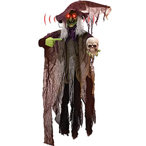 85'' Halloween Hanging Animated Witch Decoration Holding a Skull, Halloween Hanging Jitter Witch Decoration with Light-up Eyes for Halloween Haunted House Prop Décor Halloween Hanging Decorations - Glow-Paradise