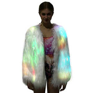 Light-Up-Jacket-Fur-Coat-For-Women - White Fuzzy Faux-Fur-Burning-Man-LED-Costumes Rave Clothes (Medium) - Glow-Paradise