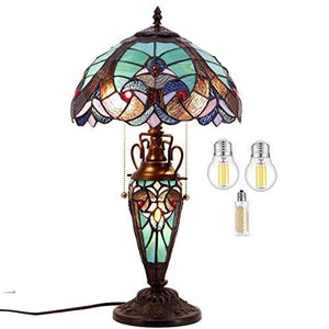 WERFACTORY Tiffany Style Table Lamp Green Stained Glass Liaison Lamp 12X12X22 Inches Mother-Daughter Vase Desk Reading Light Decor Bedroom Living Room Home Office (LED Bulb Included) S160G Series - Glow-Paradise
