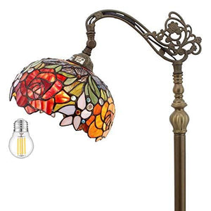 WERFACTORY Tiffany Floor Lamp Red Rose Flower Stained Glass Arched Lamp 10X18X64 Inches Gooseneck Adjustable Corner Standing Reading Light Decor Bedroom Living Room (LED Bulb Included) S001 Series - Glow-Paradise