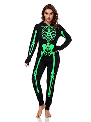 URATOT Women Skeleton Costume Glow in The Dark Halloween Onesie Pajama, Medium Black - Glow-Paradise