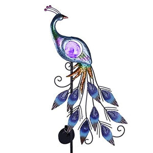 TERESA'S COLLECTIONS 31.5 Inch Peacock Solar Garden Lights, Metal Garden Decor for Outside with Crackle Glass Ball, Solar Outdoor Lights Decorative Stake Lawn Ornaments Yard Art for Patio Decorations - Glow-Paradise