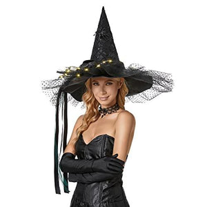 QinYing Halloween Costume Witch Hats for Women Steeple Top with LED Lights for Party (Black Polka Dots) - Glow-Paradise