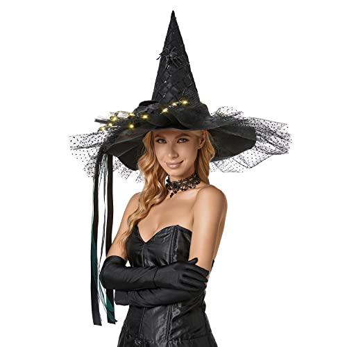 QinYing Halloween Costume Witch Hats for Women Steeple Top with LED Lights for Party (Black Polka Dots) - Glow-Paradise