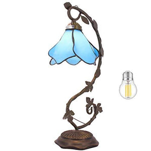 WERFACTORY Tiffany Lamp Blue Stained Glass Bedside Lamp, Thin Metal Leaf Table Desk Reading Light 8X10X21 Inches Decor Small Space Bedroom Home Office LED Bulb Included S70106B Series - Glow-Paradise