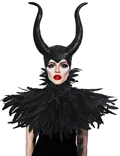 Feather Cape Shawl with Maleficent Horns Headband Set Halloween Costumes Couples Adults - Glow-Paradise