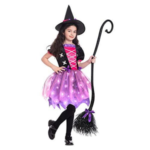 Halloween Witch Costume for Girls, Light Up Toddler Witch Dress with Hat and Broom, Kids Witch Costumes for Halloween Role-Play Party (Small) - Glow-Paradise