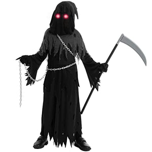 Child Unisex Glowing Eyes Reaper Costume for Creepy Phantom Halloween Costume (Medium (8-10 yr)) - Glow-Paradise
