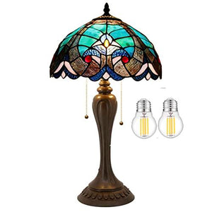 WERFACTORY Tiffany Style Table Lamp Green Stained Glass Liaison Bedside Antique Luxurious Desk Reading Light 12X12X22 Inches Decor Bedroom Living Room Home Office (LED Bulb Included) S160G Series - Glow-Paradise