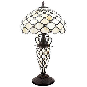 WERFACTORY Tiffany Style Table Lamp Cream Stained Glass Crystal Bead Lamp 12X12X22 Inches Mother-Daughter Vase Desk Reading Light Decor Bedroom Living Room Home Office (LED Bulb Included) S005 Series - Glow-Paradise