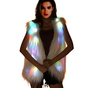 Led Coat Jacket - Women-Light-Up-Vest Furry-Faux-Fur-Waistcoat Glowing White Fuzzy Burning Man Costumes, Rave Wear Clothes Festival Outfit (LED Vest -Medium) - Glow-Paradise