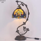 WERFACTORY Tiffany Lamp Yellow Liaison Stained Glass Bedside Table Lamp Desk Reading Light with Thin Metal Leaf Base 8X10X21 Inches Decor Small Space Bedroom Home Office LED Bulb Included S160E Series - Glow-Paradise