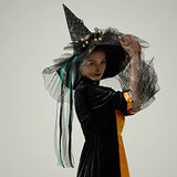 QinYing Halloween Costume Witch Hats for Women Steeple Top with LED Lights for Party (Black Polka Dots) - Glow-Paradise