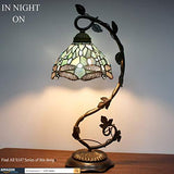 WERFACTORY Tiffany Lamp Bedside Table Lamp, Sea Blue Stained Glass Dragonfly Desk Reading Light, Thin Metal Leaf Base 8X10X21 Inches Decor Small Space Bedroom Home Office LED Bulb Included S147 Series - Glow-Paradise
