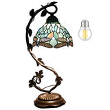 WERFACTORY Tiffany Lamp Bedside Table Lamp, Sea Blue Stained Glass Dragonfly Desk Reading Light, Thin Metal Leaf Base 8X10X21 Inches Decor Small Space Bedroom Home Office LED Bulb Included S147 Series - Glow-Paradise