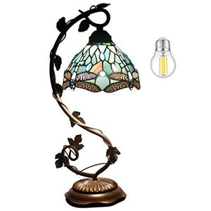WERFACTORY Tiffany Lamp Bedside Table Lamp, Sea Blue Stained Glass Dragonfly Desk Reading Light, Thin Metal Leaf Base 8X10X21 Inches Decor Small Space Bedroom Home Office LED Bulb Included S147 Series - Glow-Paradise