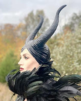 Feather Cape Shawl with Maleficent Horns Headband Set Halloween Costumes Couples Adults - Glow-Paradise