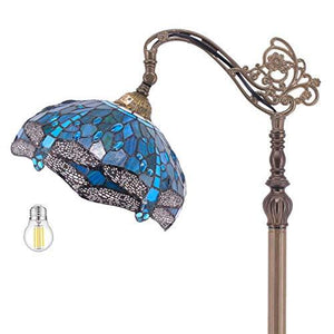 WERFACTORY Tiffany Floor Lamp Sea Blue Stained Glass Dragonfly Arched Lamp 12X18X64 Inches Gooseneck Adjustable Corner Standing Reading Light Decor Bedroom Living Room (LED Bulb Included) S622 Series - Glow-Paradise