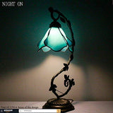 WERFACTORY Tiffany Lamp Blue Stained Glass Bedside Lamp, Thin Metal Leaf Table Desk Reading Light 8X10X21 Inches Decor Small Space Bedroom Home Office LED Bulb Included S70106B Series - Glow-Paradise