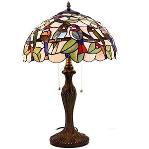 WERFACTORY Tiffany Table Lamp Colorful Stained Glass Birds Bedside Lamp 16X16X24 Inches Antique Desk Reading Light Metal Base Decor Bedroom Living Room Home Office (LED Bulb Included) S805 Series - Glow-Paradise