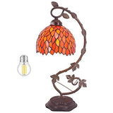 WERFACTORY Tiffany Lamp Stained Glass Table Bedside Lamp, Red Wisteria Desk Reading Light with Thin Metal Leaf Base 8X10X21 Inches Decor Small Space Bedroom Home Office LED Bulb Included S523R Series - Glow-Paradise