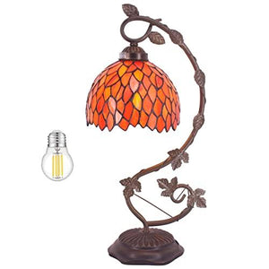 WERFACTORY Tiffany Lamp Stained Glass Table Bedside Lamp, Red Wisteria Desk Reading Light with Thin Metal Leaf Base 8X10X21 Inches Decor Small Space Bedroom Home Office LED Bulb Included S523R Series - Glow-Paradise