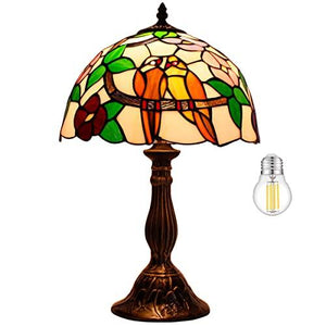 WERFACTORY Tiffany Table Lamp Stained Glass Bedside Lamp Double Tropical Birds Desk Reading Light 12X12X18 Inches Decor Nightstand Bedroom Living Room Home Office (LED Bulb Included) S803 Series - Glow-Paradise