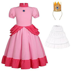 Super Brothers Peach Costume for Girls Princess Dress with Crown Halloween Party Outfit Pink 4-5 Years - Glow-Paradise